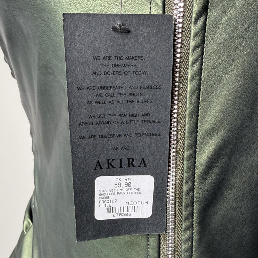 AKIRA Shimmering Dark Green Faux-Leather Ruched Mini Dress - Picture 9 of 9